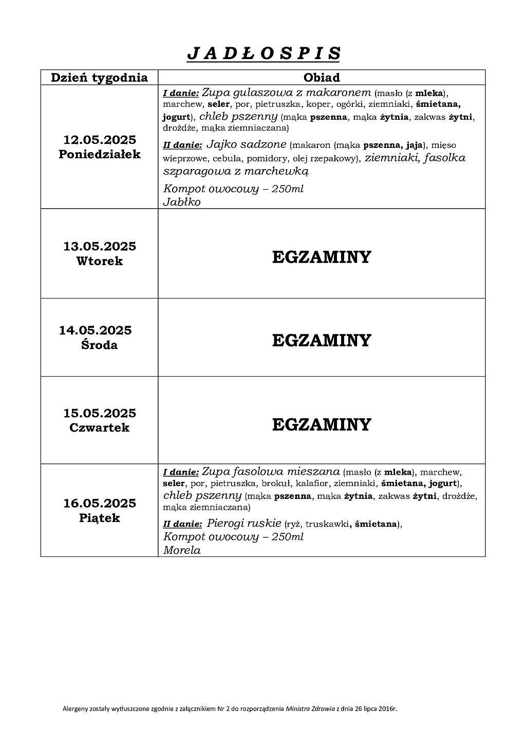 Jadłospis na poniedziałek i piątek
